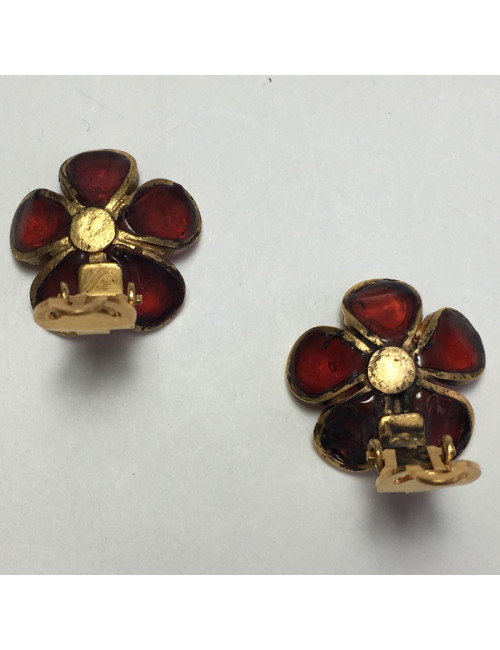 xxx Boucles d'oreille clips MARGUERITE DE VALOIS fleurette en pâte de verre rouge ambré