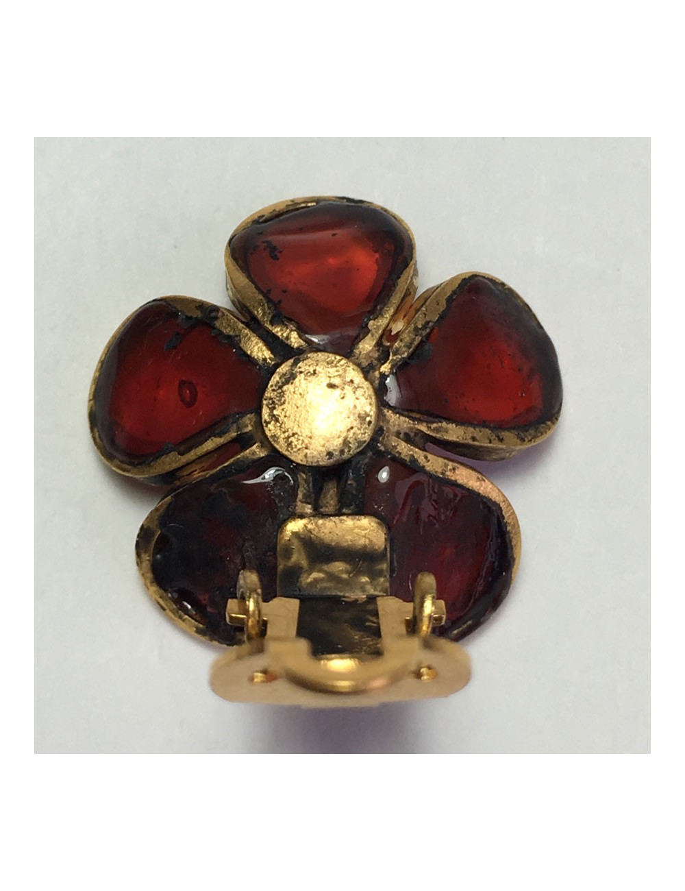 xxx Boucles d'oreille clips MARGUERITE DE VALOIS fleurette en pâte de verre rouge ambré