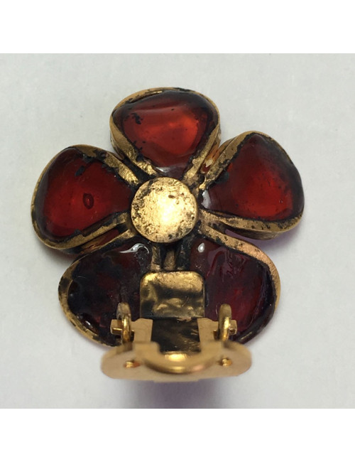 xxx Boucles d'oreille clips MARGUERITE DE VALOIS fleurette en pâte de verre rouge ambré