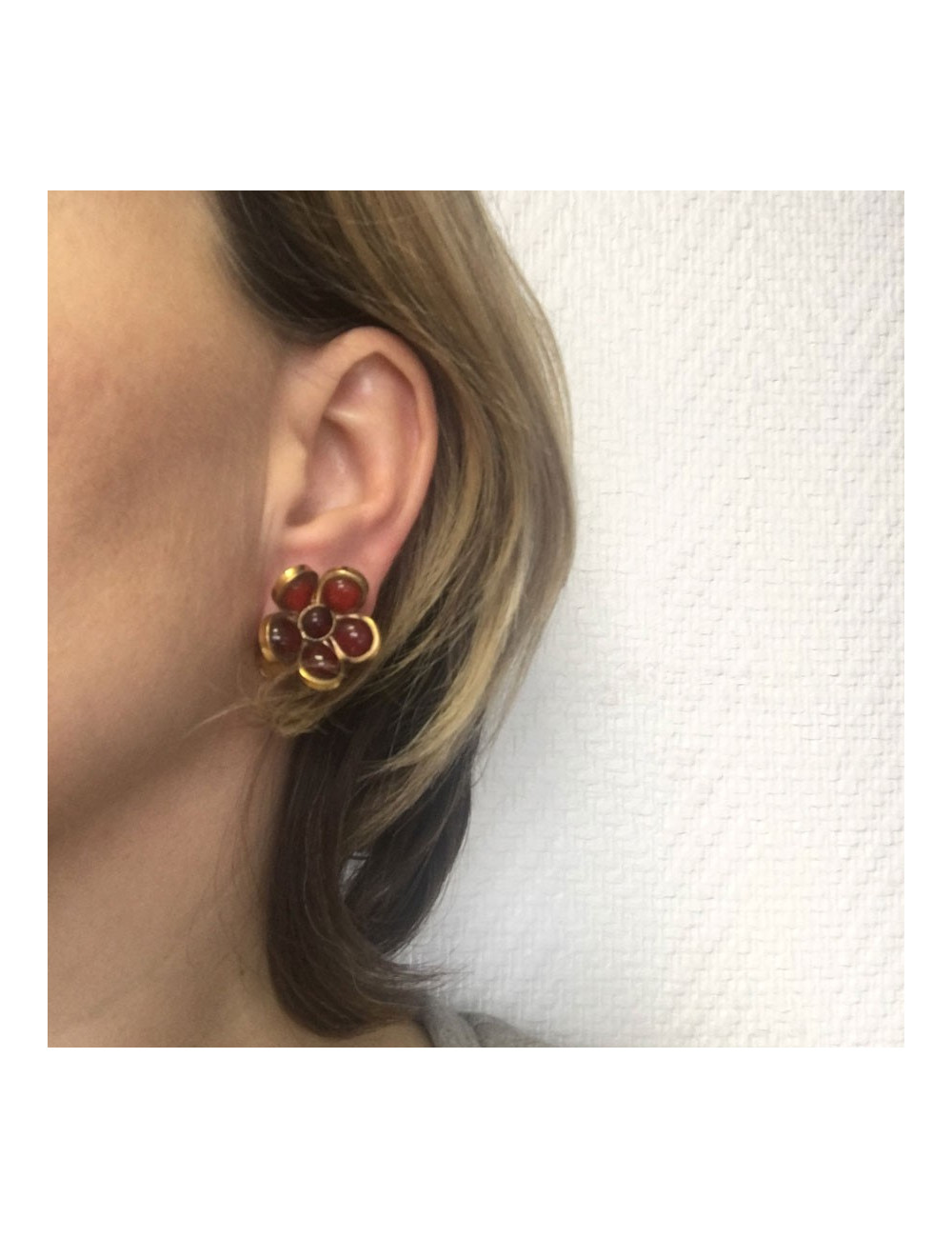 xxx Boucles d'oreille clips MARGUERITE DE VALOIS fleurette en pâte de verre rouge ambré