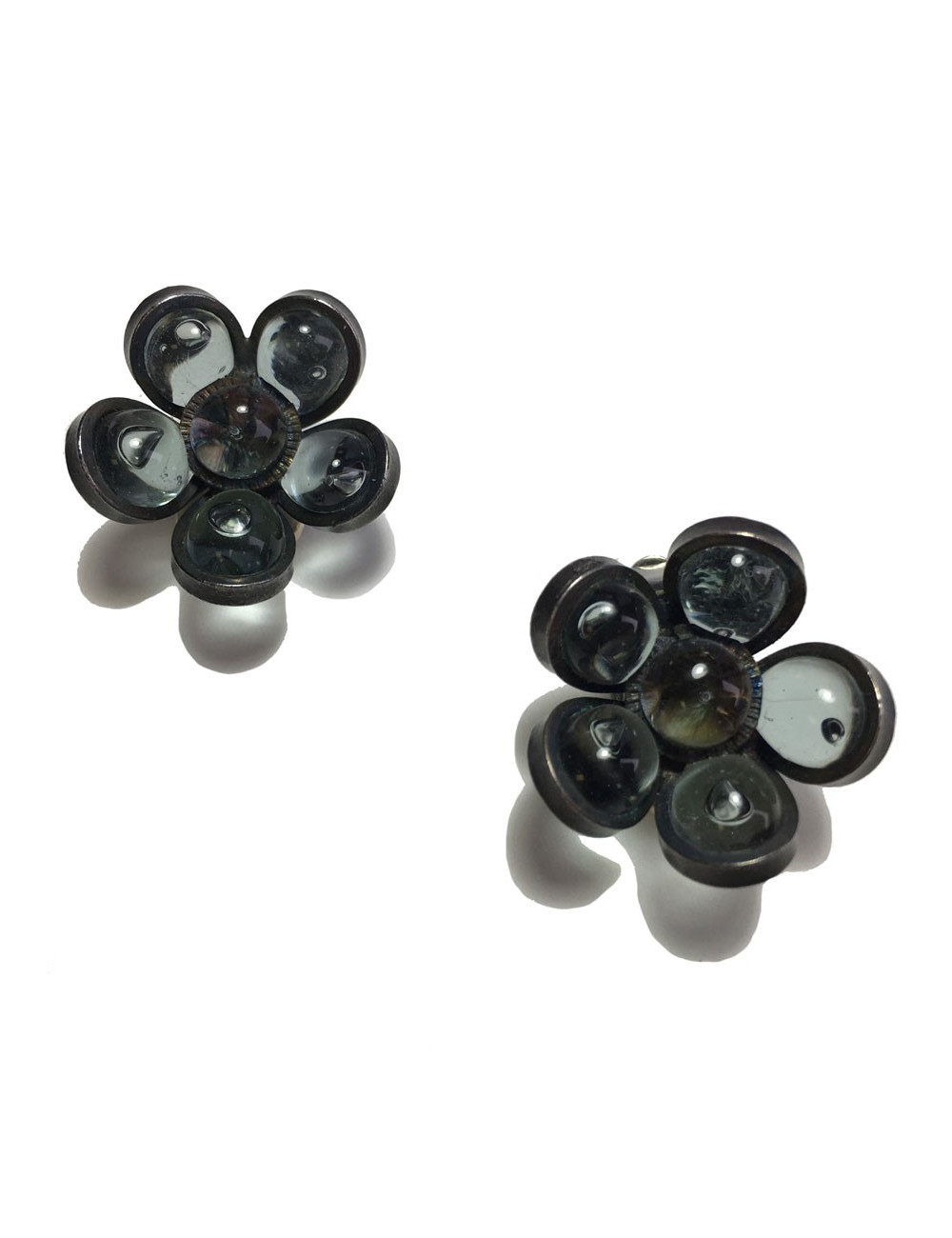 xxx Boucles d'oreille clips MARGUERITE DE VALOIS fleurette en pâte de verre anthracite transparent