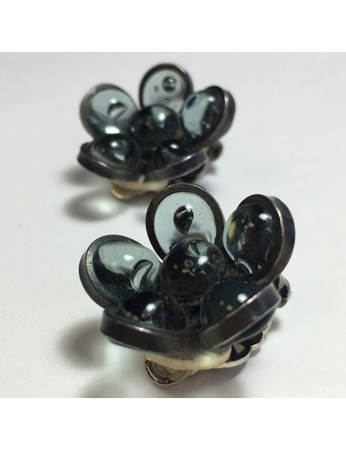 xxx Boucles d'oreille clips MARGUERITE DE VALOIS fleurette en pâte de verre anthracite transparent