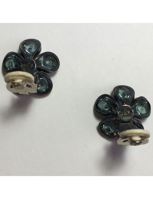 xxx Boucles d'oreille clips MARGUERITE DE VALOIS fleurette en pâte de verre anthracite transparent
