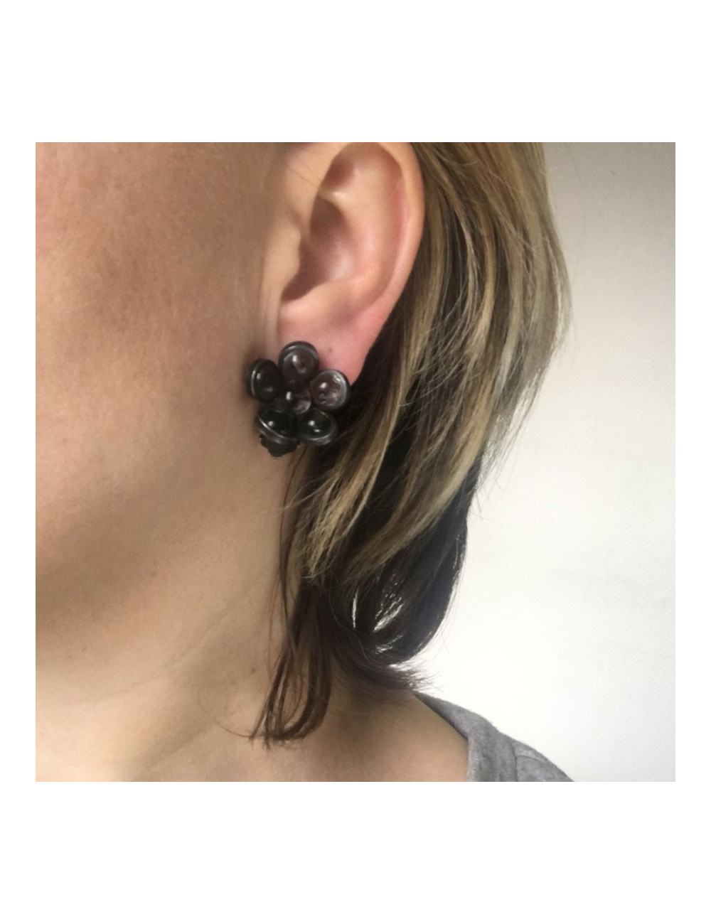 xxx Boucles d'oreille clips MARGUERITE DE VALOIS fleurette en pâte de verre anthracite transparent