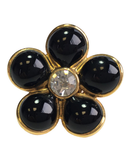 TAILLE Bague MARGUERITE DE VALOIS fleur en pâte de verre noire, strass et métal doré