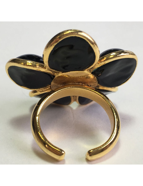 TAILLE Bague MARGUERITE DE VALOIS fleur en pâte de verre noire, strass et métal doré