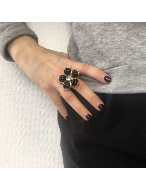 TAILLE Bague MARGUERITE DE VALOIS fleur en pâte de verre noire, strass et métal doré