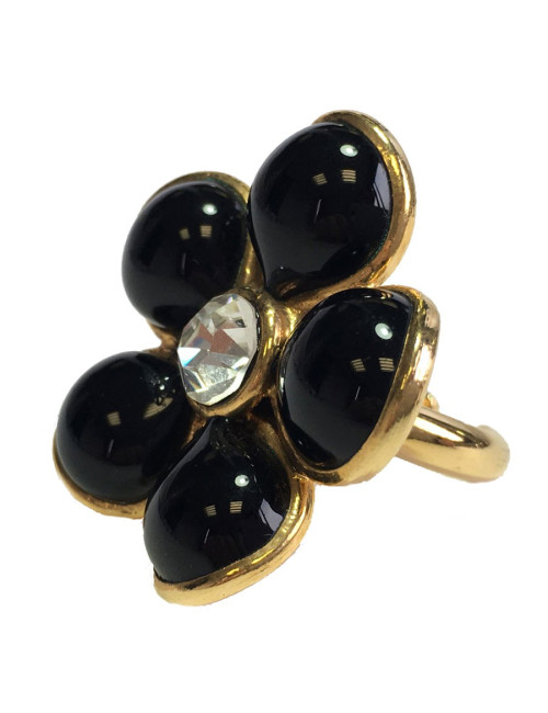 MARGUERITE DE VALOIS Flower Ring in Black Molten Glass with a Rhinestone