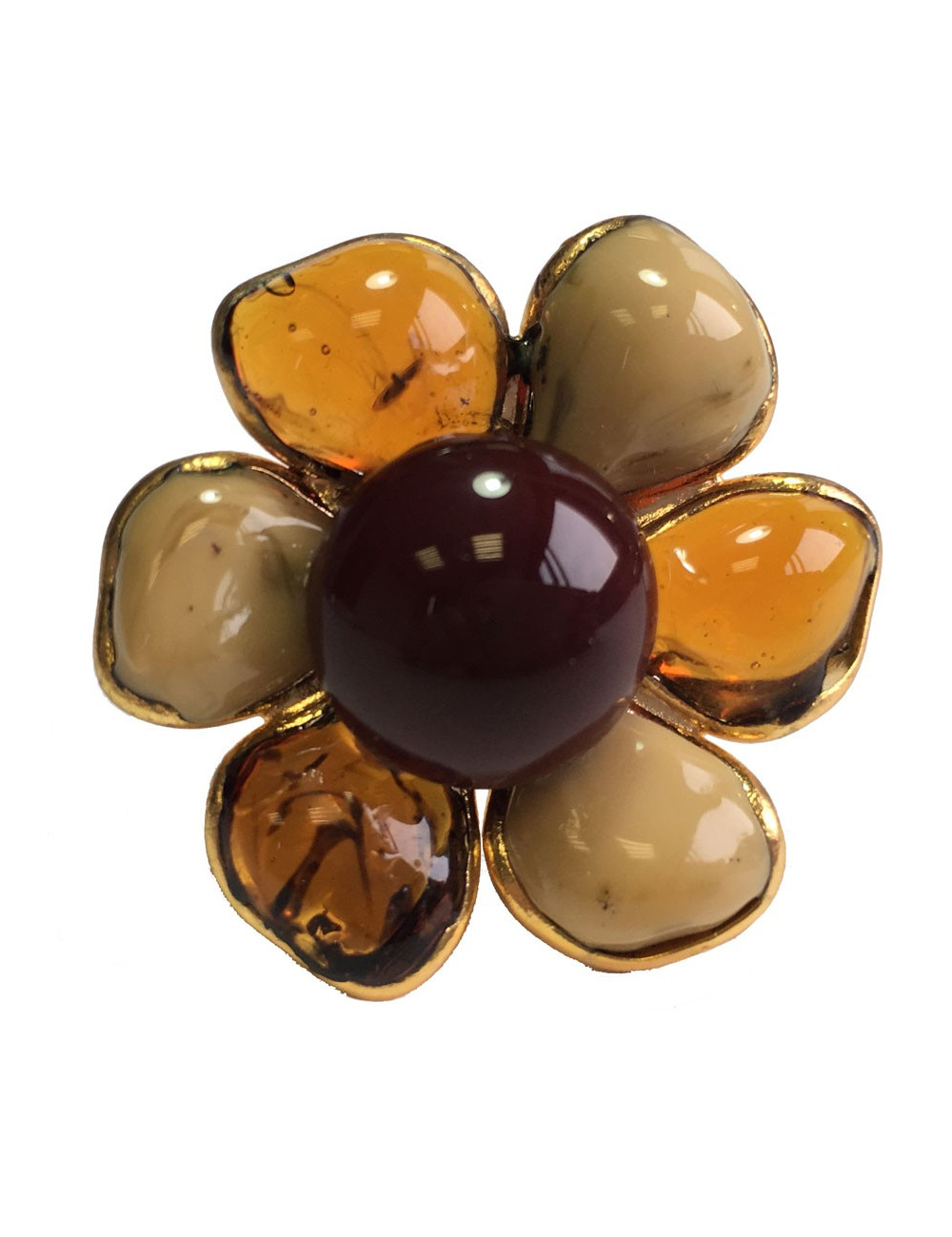 TAILLE Bague MARGUERITE DE VALOIS fleur en pâte de verre ambre et beige mêlé