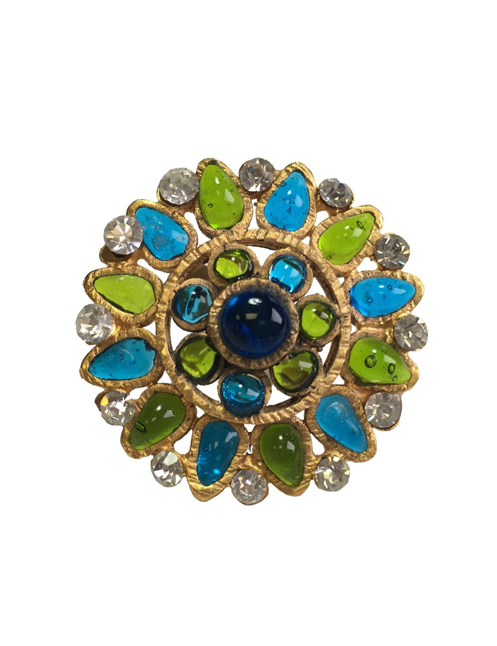 TAILLE Bague MARGUERITE DE VALOIS en pâte de verre vert et bleu, strass et métal doré