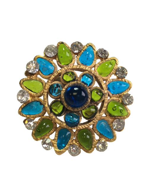 TAILLE Bague MARGUERITE DE VALOIS en pâte de verre vert et bleu, strass et métal doré