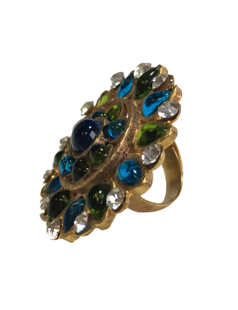 TAILLE Bague MARGUERITE DE VALOIS en pâte de verre vert et bleu, strass et métal doré