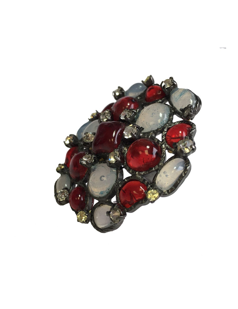 TAILLE Bague MARGUERITE DE VALOIS en pâte de verre blanc transparent et rouge