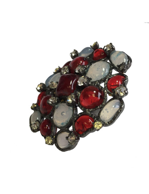 TAILLE Bague MARGUERITE DE VALOIS en pâte de verre blanc transparent et rouge