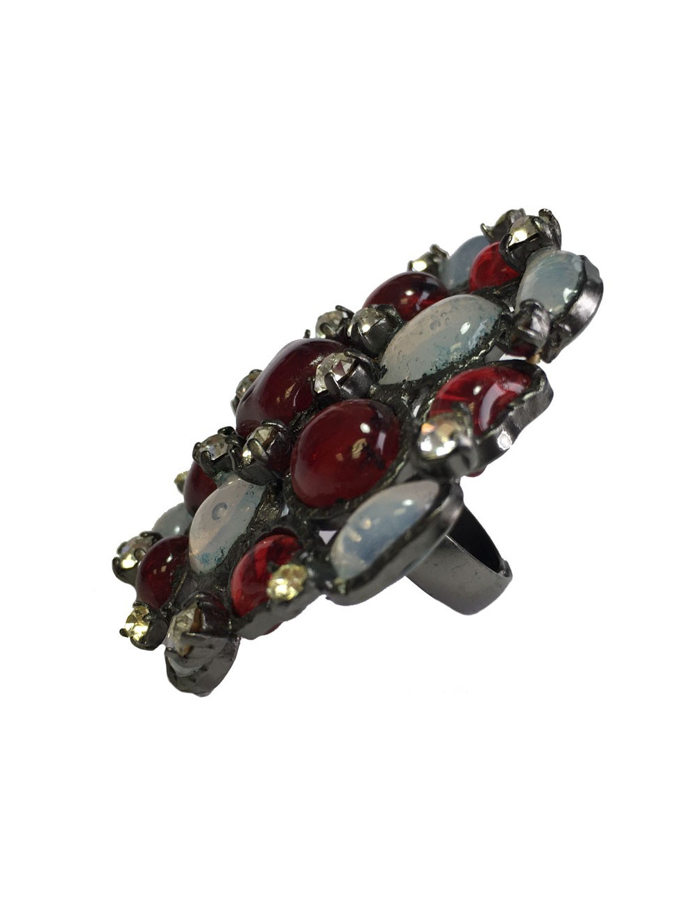 TAILLE Bague MARGUERITE DE VALOIS en pâte de verre blanc transparent et rouge