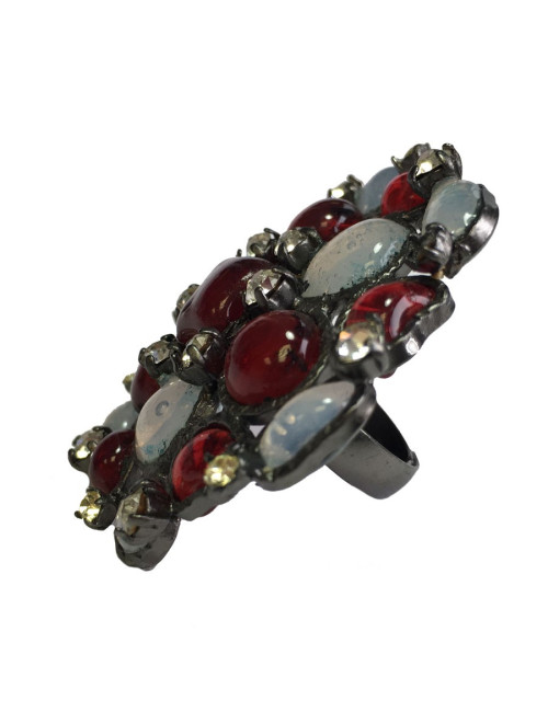 TAILLE Bague MARGUERITE DE VALOIS en pâte de verre blanc transparent et rouge