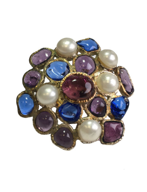 TAILLE Bague MARGUERITE DE VALOIS en pâte de verre mauve et bleu, perles nacrées