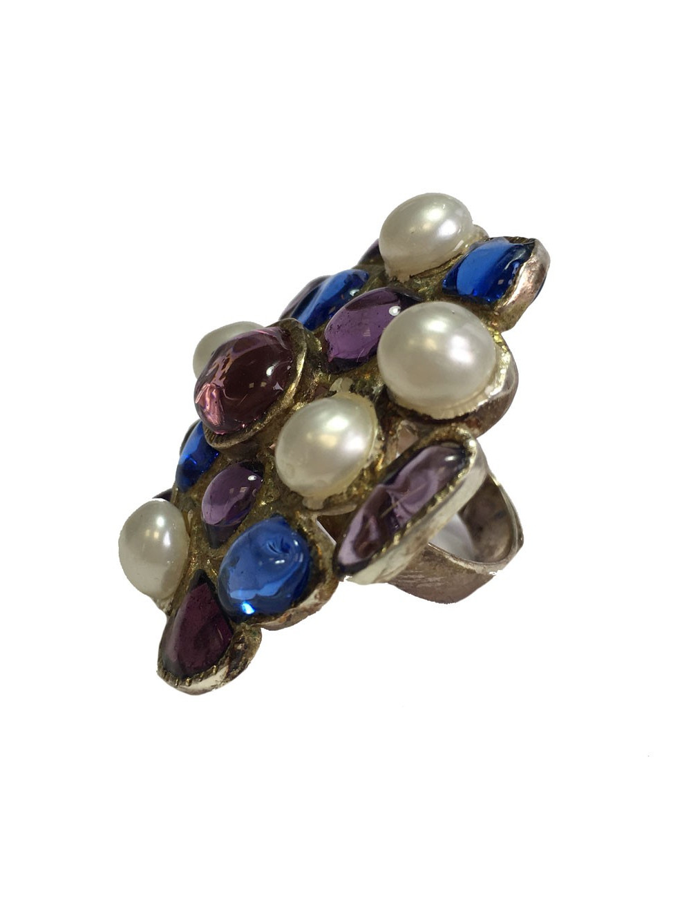 TAILLE Bague MARGUERITE DE VALOIS en pâte de verre mauve et bleu, perles nacrées