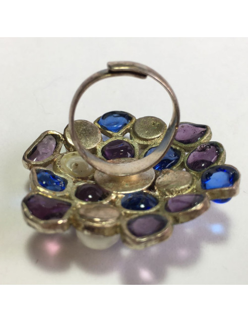 TAILLE Bague MARGUERITE DE VALOIS en pâte de verre mauve et bleu, perles nacrées