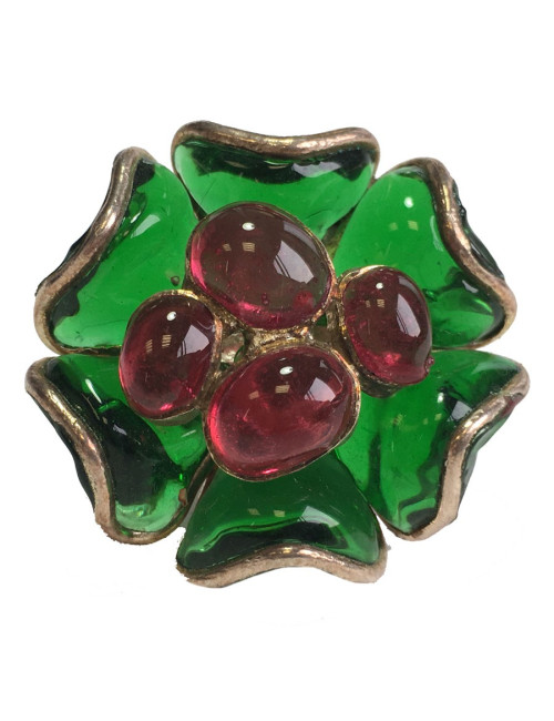 TAILLE Bague MARGUERITE DE VALOIS fleur en pâte de verre vert et rose