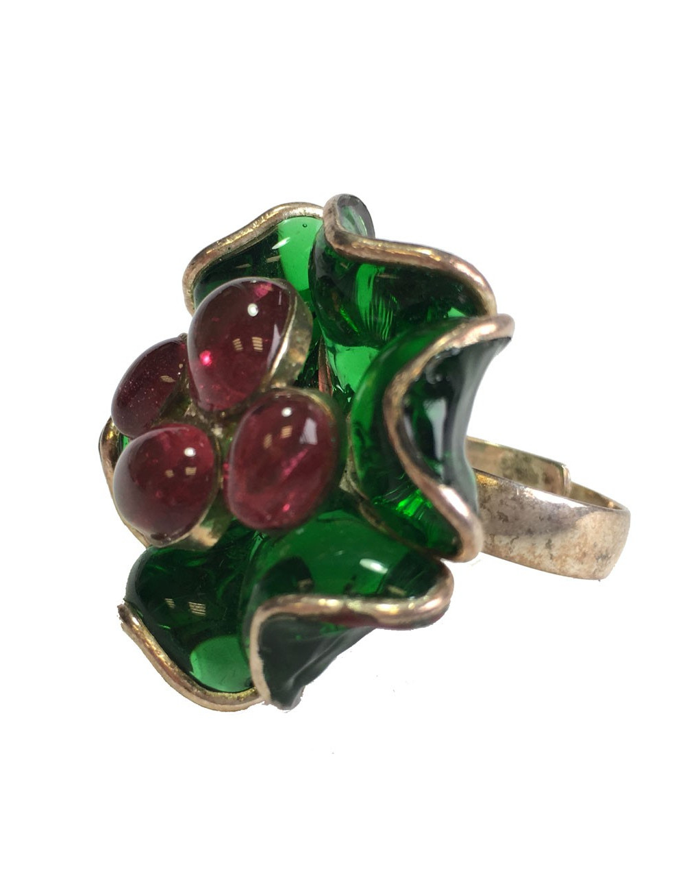 MARGUERITE DE VALOIS T 56 flower ring in green and pink molten glass