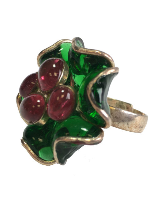 TAILLE Bague MARGUERITE DE VALOIS fleur en pâte de verre vert et rose