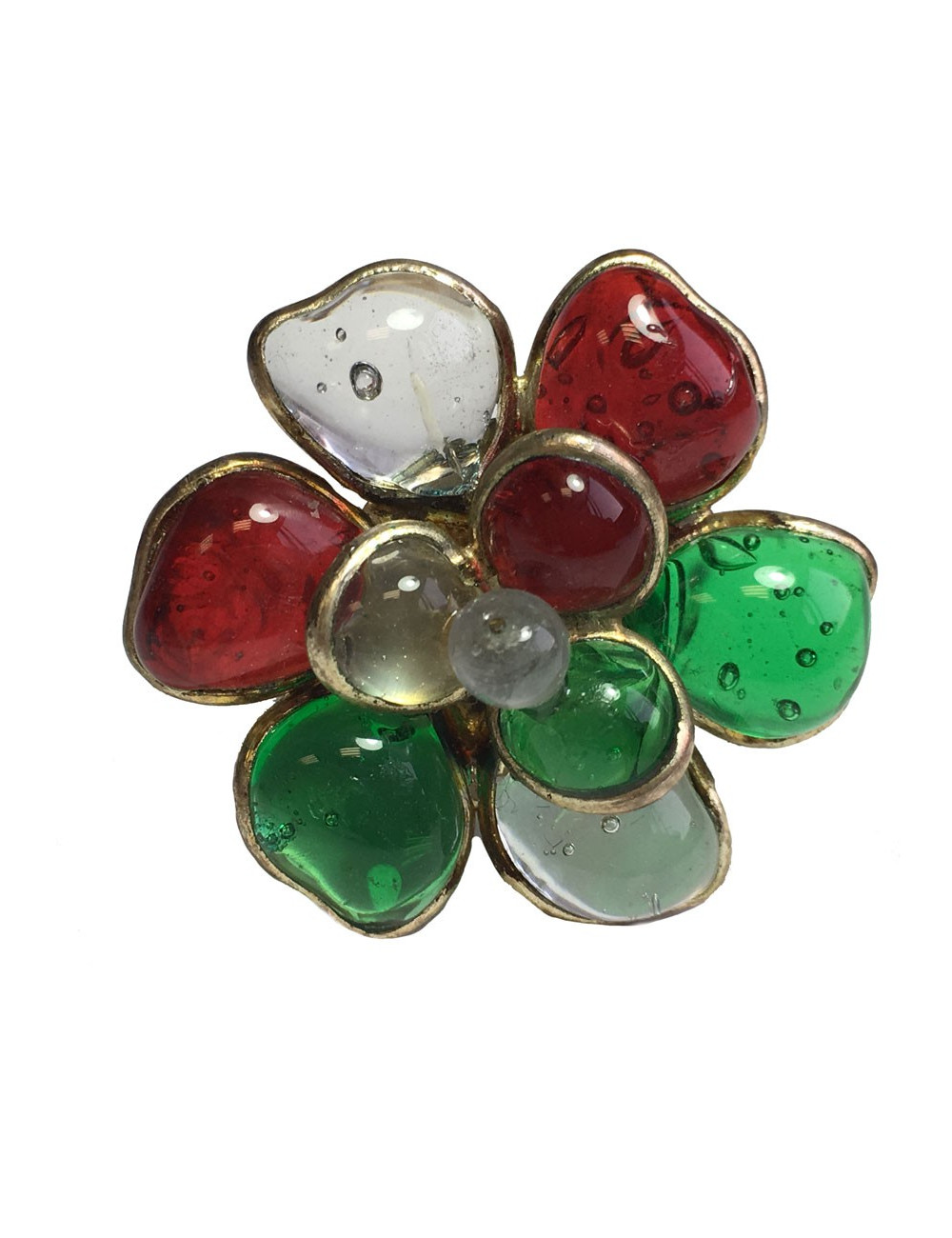 TAILLE Bague MARGUERITE DE VALOIS fleur en pâte de verre transparente, verte et rouge