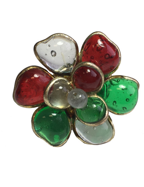 TAILLE Bague MARGUERITE DE VALOIS fleur en pâte de verre transparente, verte et rouge