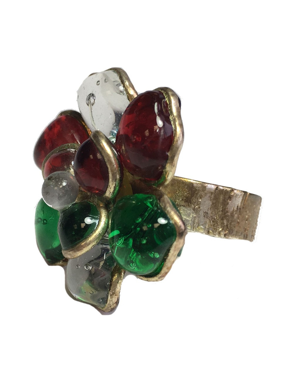 TAILLE Bague MARGUERITE DE VALOIS fleur en pâte de verre transparente, verte et rouge