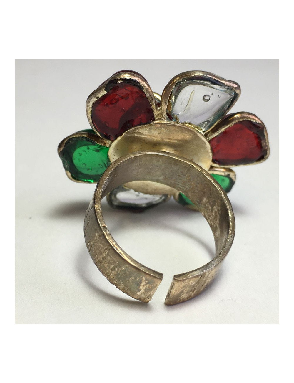 TAILLE Bague MARGUERITE DE VALOIS fleur en pâte de verre transparente, verte et rouge
