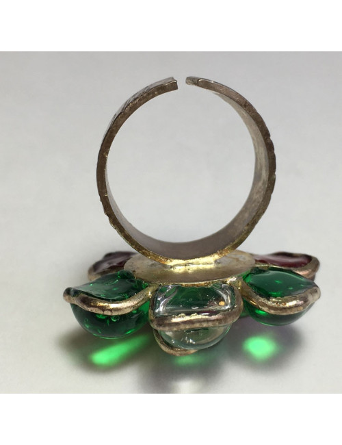 TAILLE Bague MARGUERITE DE VALOIS fleur en pâte de verre transparente, verte et rouge