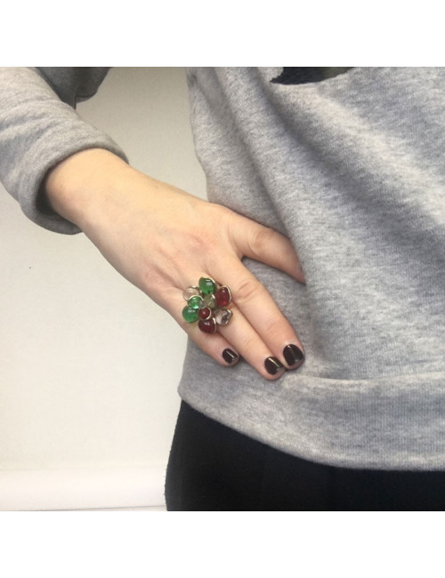 TAILLE Bague MARGUERITE DE VALOIS fleur en pâte de verre transparente, verte et rouge