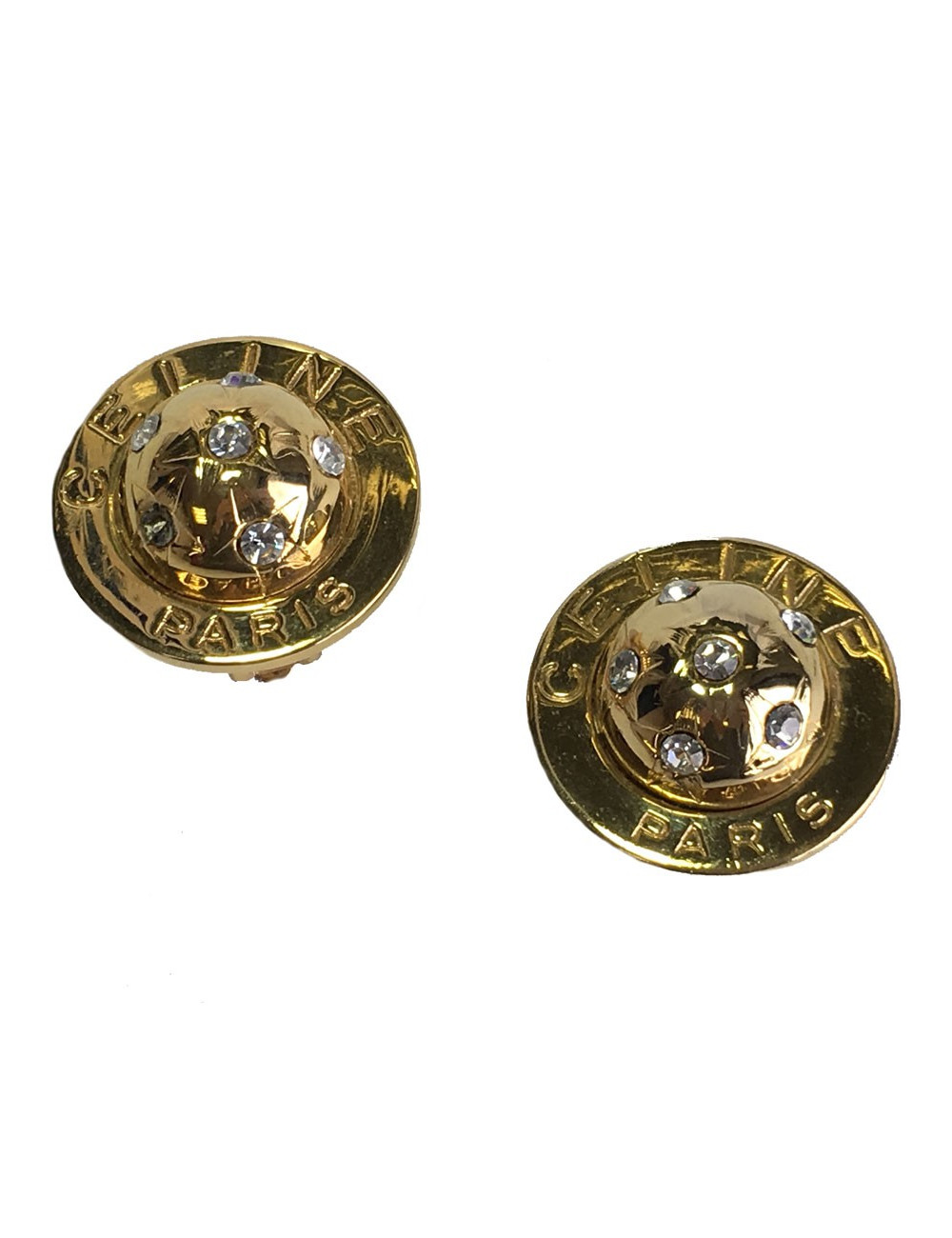 Boucles d'oreille Clips CELINE Vintage demi-sphère en métal doré et strass