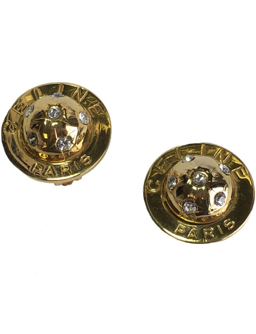 Boucles d'oreille Clips CELINE Vintage demi-sphère en métal doré et strass