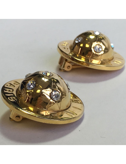 Boucles d'oreille Clips CELINE Vintage demi-sphère en métal doré et strass