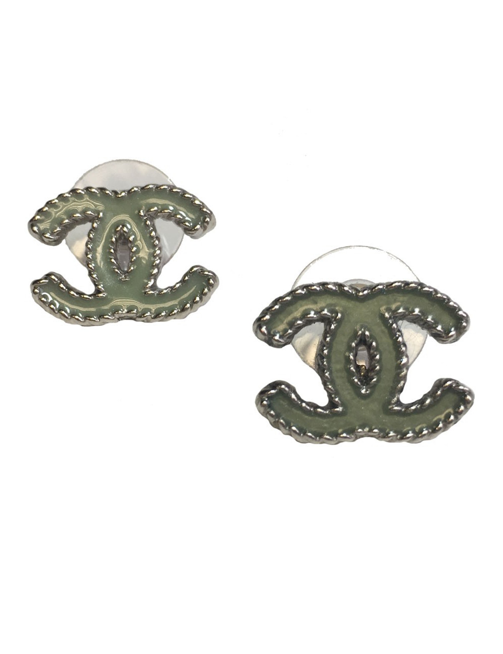 Boucles d'oreille clous  CHANEL CC en métal argenté et résine bleu céladon