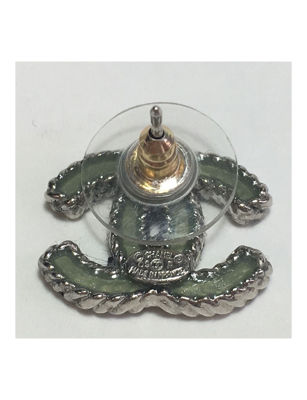 Earrings nails CHANEL CC in silver metal and resin green celadon