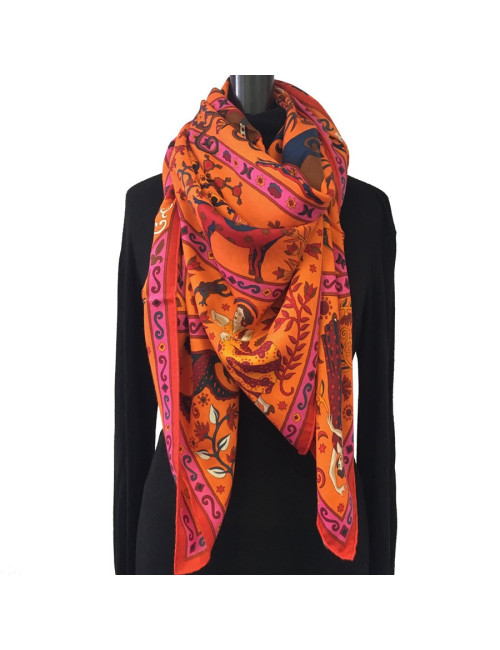 Châle HERMÈS "Peuple du vent" cachemire et soie rose indien, orange et cobalt