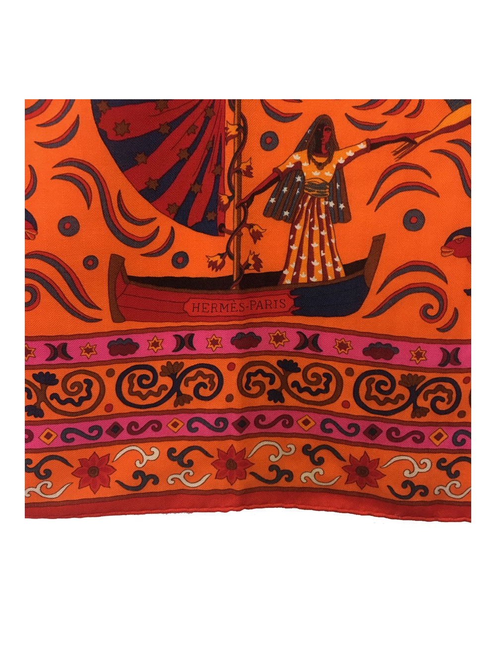 Châle HERMÈS "Peuple du vent" cachemire et soie rose indien, orange et cobalt