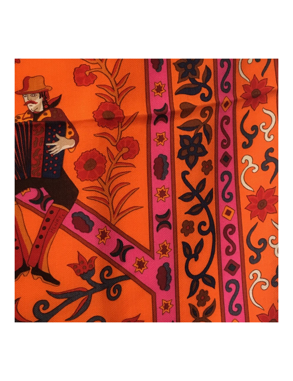 Châle HERMÈS "Peuple du vent" cachemire et soie rose indien, orange et cobalt
