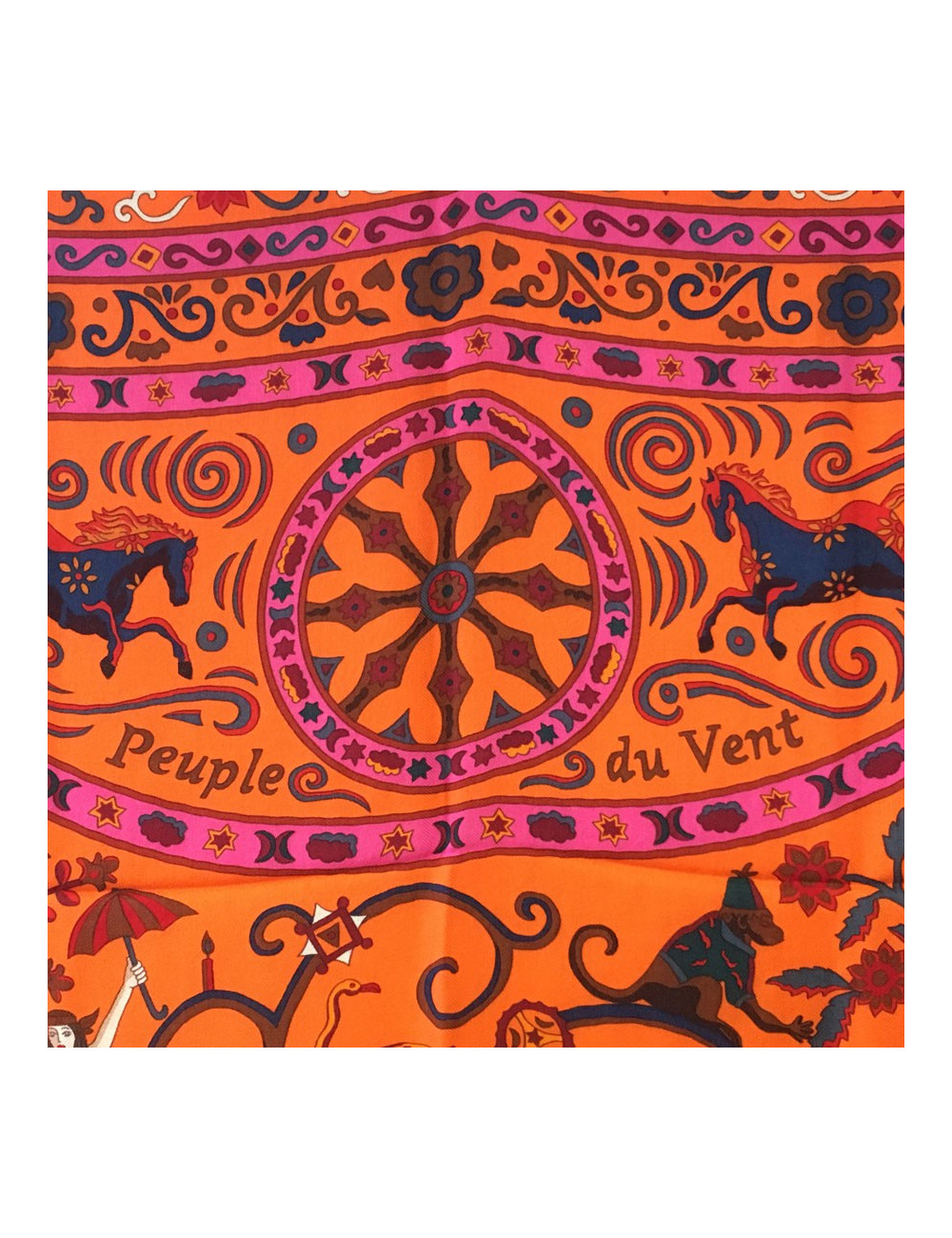 Châle HERMÈS "Peuple du vent" cachemire et soie rose indien, orange et cobalt