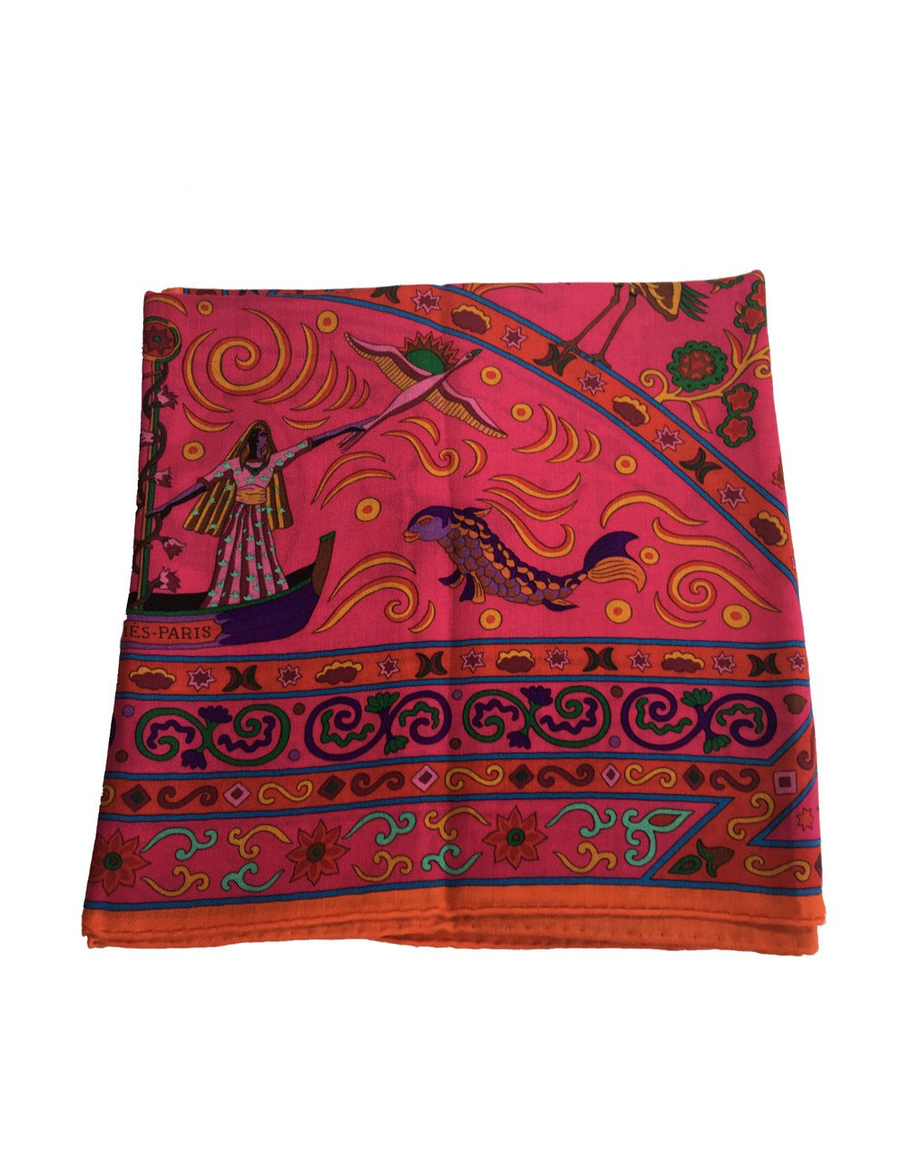 HERMÈS shawl 'Peuple du vent' in and orange, Indian pink, green cashmere and silk fabric.
