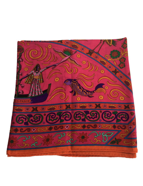 HERMÈS shawl 'Peuple du vent' in and orange, Indian pink, green cashmere and silk fabric.