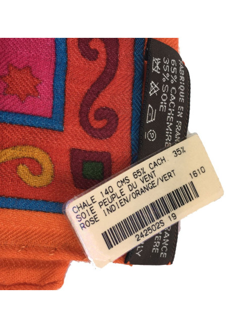 Châle HERMÈS "Peuple du vent" cachemire et soie orange, rose indien et vert