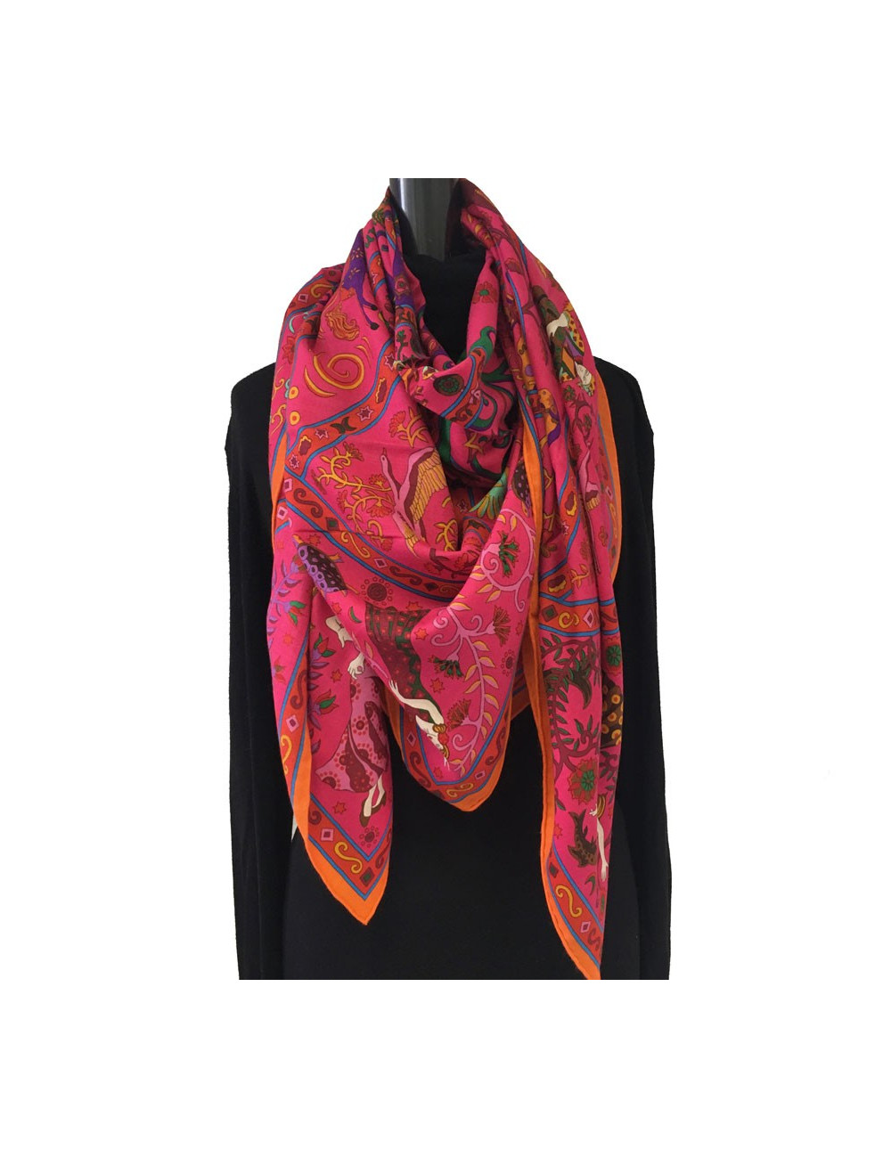 HERMÈS shawl 'Peuple du vent' in and orange, Indian pink, green cashmere and silk fabric.