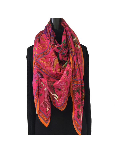 HERMÈS shawl 'Peuple du vent' in and orange, Indian pink, green cashmere and silk fabric.