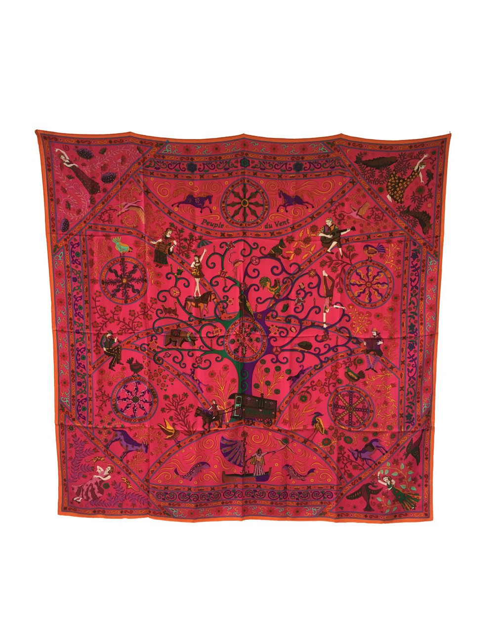 Châle HERMÈS "Peuple du vent" cachemire et soie orange, rose indien et vert