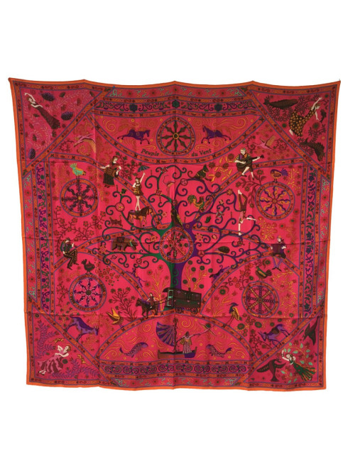 Châle HERMÈS "Peuple du vent" cachemire et soie orange, rose indien et vert