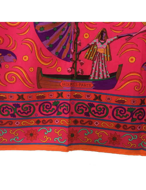 HERMÈS shawl 'Peuple du vent' in and orange, Indian pink, green cashmere and silk fabric.