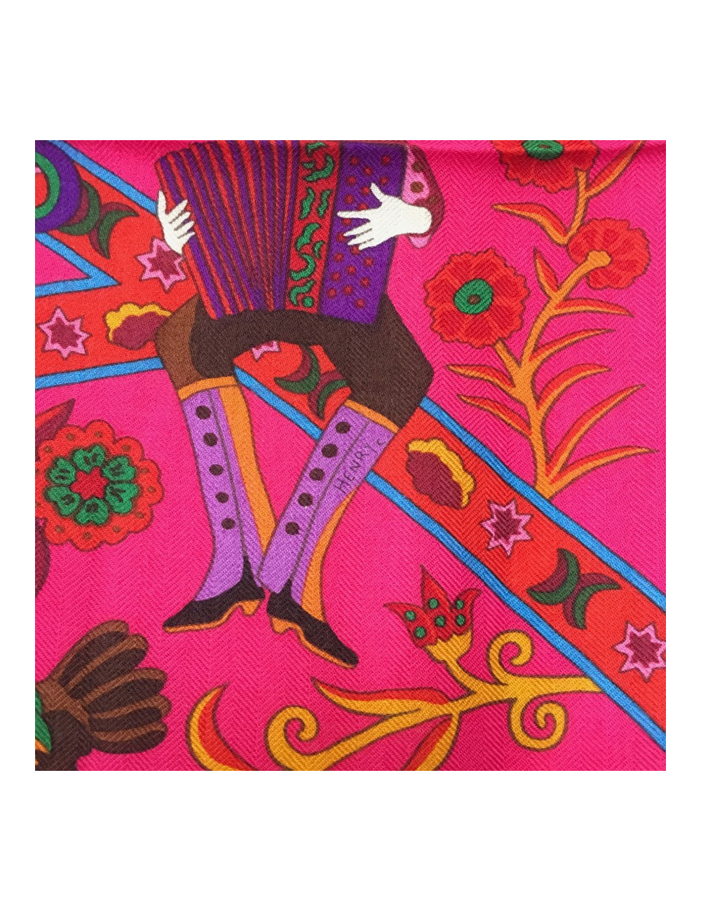 Châle HERMÈS "Peuple du vent" cachemire et soie orange, rose indien et vert